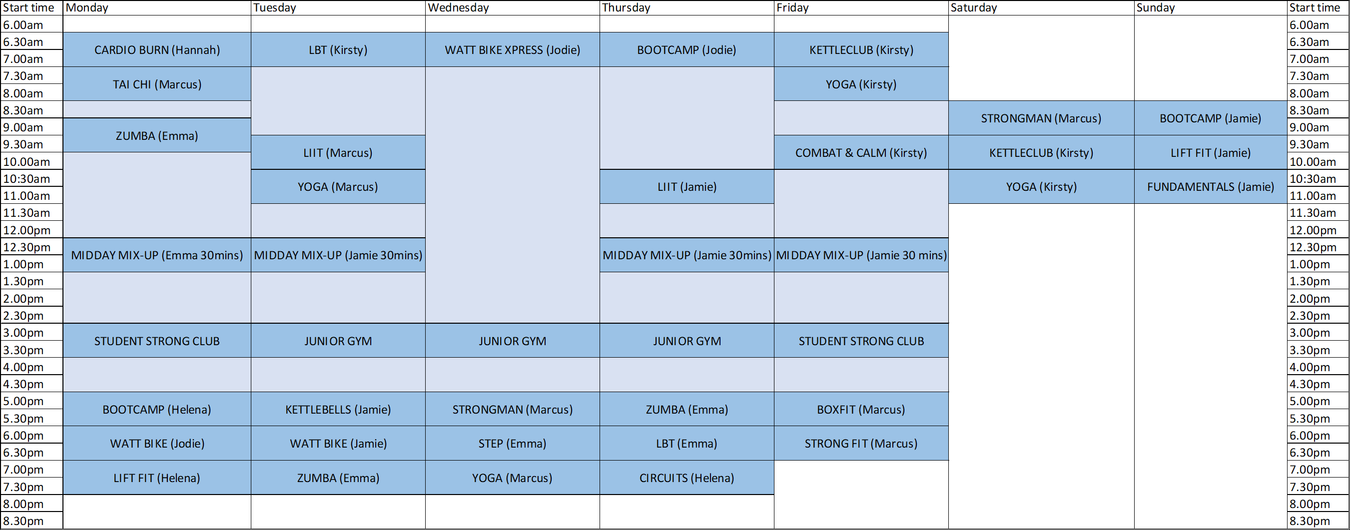 fitness timetable